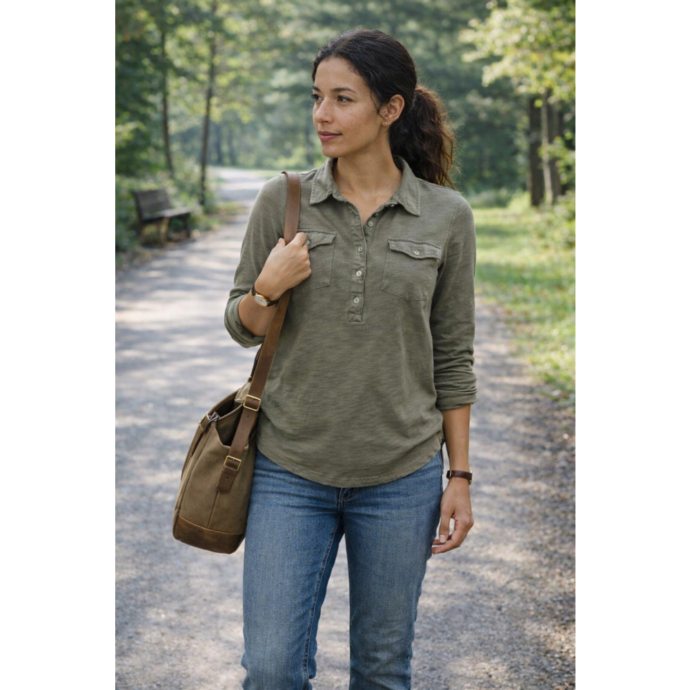 Eddie Bauer XS Cotton Button Henley Top Olive Utility Roll Tab Sleeve Outdoor